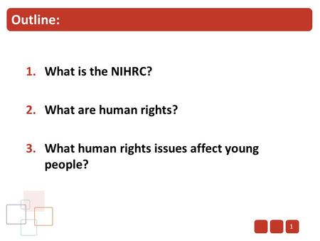 Outline: 1.What is the NIHRC? 2.What are human rights? 3.What human rights issues affect young people? 1.