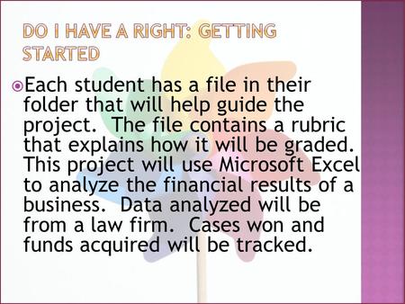  Each student has a file in their folder that will help guide the project. The file contains a rubric that explains how it will be graded. This project.