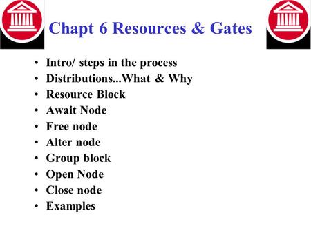 Chapt 6 Resources & Gates Intro/ steps in the process Distributions...What & Why Resource Block Await Node Free node Alter node Group block Open Node Close.