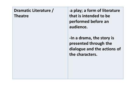Dramatic Literature / Theatre - a play; a form of literature that is intended to be performed before an audience. -In a drama, the story is presented through.