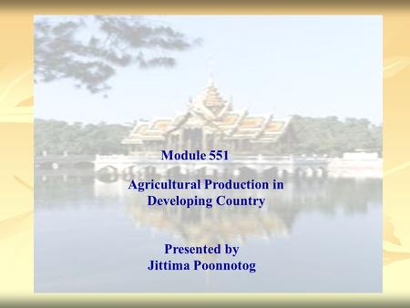 Agricultural Production in Developing Country Presented by Jittima Poonnotog Module 551.