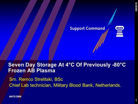 1 5/8/2015 Seven Day Storage At 4°C Of Previously -80°C Frozen AB Plasma Sm. Remco Strelitski, BSc Chief Lab technician, Military Blood Bank, Netherlands.
