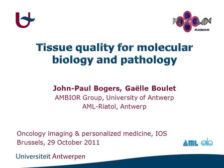 John-Paul Bogers, Gaëlle Boulet AMBIOR Group, University of Antwerp AML-Riatol, Antwerp Oncology imaging & personalized medicine, IOS Brussels, 29 October.