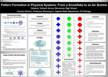 Pattern Formation in Physical Systems: From a Snowflake to an Air Bubble Student: Vishesh Verma, Stevenson High School Faculty Advisor: Professor Shuwang.