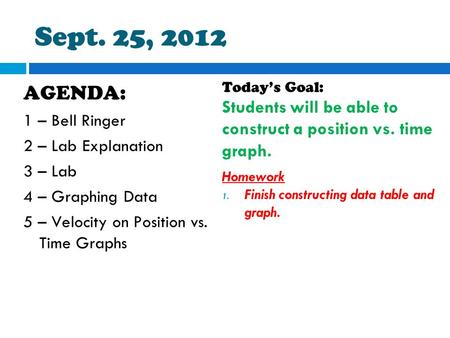 Sept. 25, 2012 AGENDA: 1 – Bell Ringer 2 – Lab Explanation 3 – Lab 4 – Graphing Data 5 – Velocity on Position vs. Time Graphs Today’s Goal: Students will.