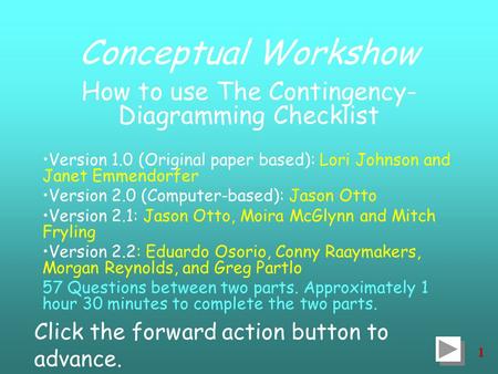 1 Conceptual Workshow How to use The Contingency- Diagramming Checklist Version 1.0 (Original paper based): Lori Johnson and Janet Emmendorfer Version.