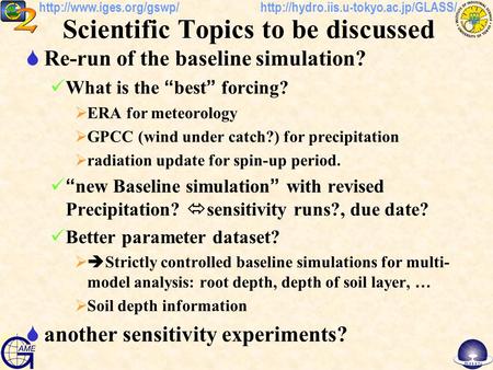 Scientific Topics to be discussed  Re-run of the baseline simulation? What is the “ best.