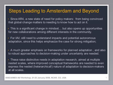 11 Steps Leading to Amsterdam and Beyond A much greater emphasis on frameworks for planned adaptation, and also to robust approaches to decision-making.