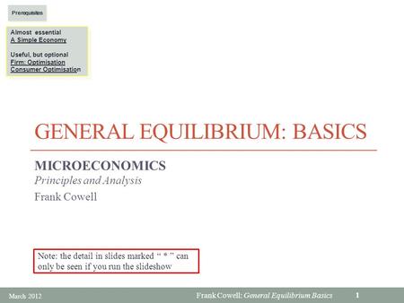 Frank Cowell: General Equilibrium Basics GENERAL EQUILIBRIUM: BASICS MICROECONOMICS Principles and Analysis Frank Cowell Almost essential A Simple Economy.
