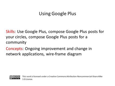 Skills: Use Google Plus, compose Google Plus posts for your circles, compose Google Plus posts for a community Concepts: Ongoing improvement and change.