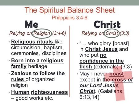 The Spiritual Balance Sheet Philippians 3:4-6 Relying on Religion (3:4-6) Religious rituals like circumcision, baptism, ceremonies, disciplines Born into.
