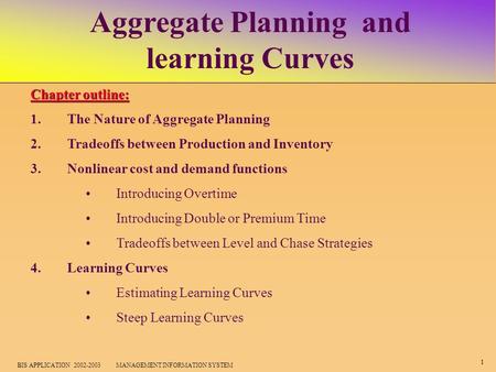 1 BIS APPLICATION 2002-2003 MANAGEMENT INFORMATION SYSTEM Aggregate Planning and learning Curves Chapter outline: 1.The Nature of Aggregate Planning 2.Tradeoffs.