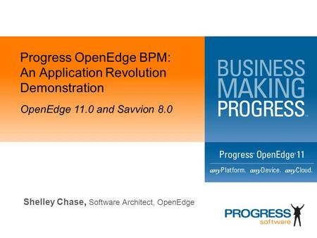 Progress OpenEdge BPM: An Application Revolution Demonstration OpenEdge 11.0 and Savvion 8.0 Shelley Chase, Software Architect, OpenEdge.