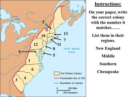 Instructions: On your paper, write the correct colony with the number it matches…… List them in their regions. New England Middle Southern Chesapeake 2.