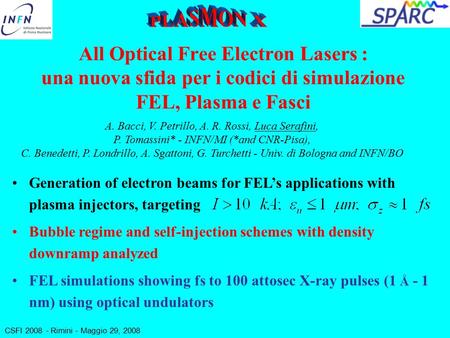 CSFI 2008 - Rimini - Maggio 29, 2008 All Optical Free Electron Lasers : una nuova sfida per i codici di simulazione FEL, Plasma e Fasci A. Bacci, V. Petrillo,
