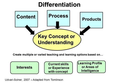 Create multiple or varied teaching and learning options based on… Interests Current skills or Experience with concept Learning Profile or Areas of Intelligence.