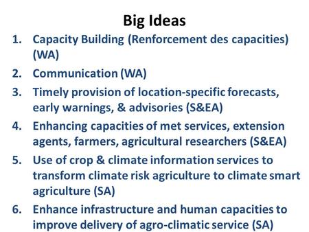 Big Ideas 1.Capacity Building (Renforcement des capacities) (WA) 2.Communication (WA) 3.Timely provision of location-specific forecasts, early warnings,