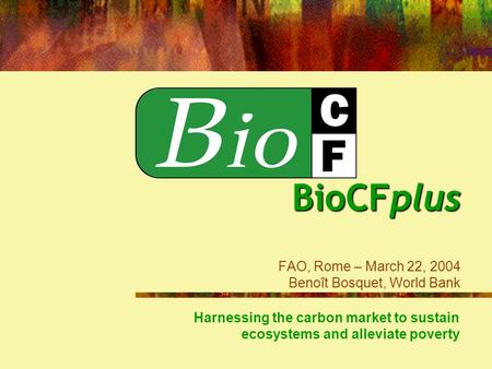 BioCFplus BioCFplus FAO, Rome – March 22, 2004 Benoît Bosquet, World Bank Harnessing the carbon market to sustain ecosystems and alleviate poverty.