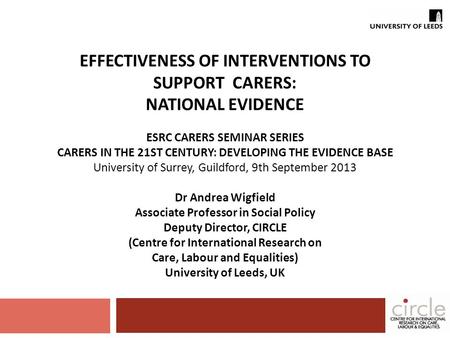 EFFECTIVENESS OF INTERVENTIONS TO SUPPORT CARERS: NATIONAL EVIDENCE ESRC CARERS SEMINAR SERIES CARERS IN THE 21ST CENTURY: DEVELOPING THE EVIDENCE BASE.