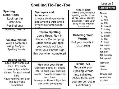 Spelling Tic-Tac -Toe Lesson 3 Spelling Definitions