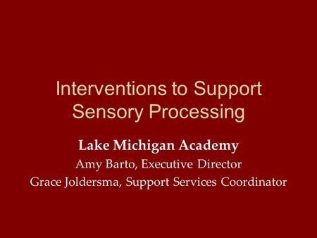 Interventions to Support Sensory Processing Lake Michigan Academy Amy Barto, Executive Director Grace Joldersma, Support Services Coordinator.