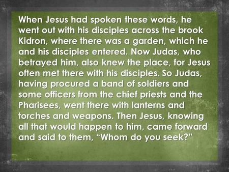 When Jesus had spoken these words, he went out with his disciples across the brook Kidron, where there was a garden, which he and his disciples entered.