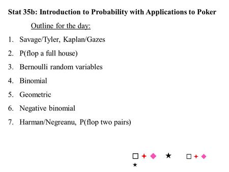 Stat 35b: Introduction to Probability with Applications to Poker Outline for the day: 1.Savage/Tyler, Kaplan/Gazes 2.P(flop a full house) 3.Bernoulli random.