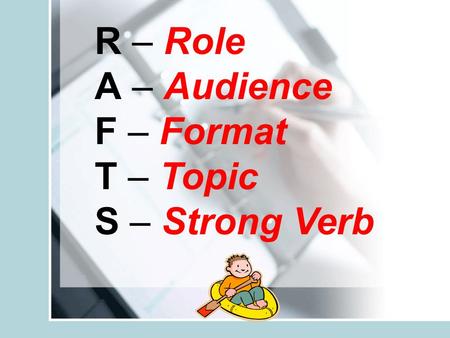 R – Role A – Audience F – Format T – Topic S – Strong Verb