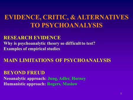 EVIDENCE, CRITIC, & ALTERNATIVES TO PSYCHOANALYSIS