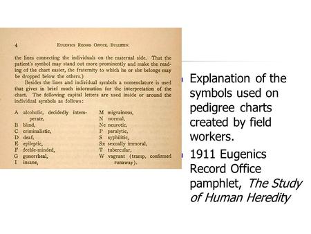Explanation of the symbols used on pedigree charts created by field workers. 1911 Eugenics Record Office pamphlet, The Study of Human Heredity.