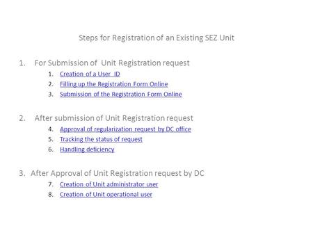 Steps for Registration of an Existing SEZ Unit 1.For Submission of Unit Registration request 1.Creation of a User IDCreation of a User ID 2.Filling up.