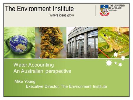 The Environment Institute Where ideas grow Water Accounting An Australian perspective Mike Young Executive Director, The Environment Institute.