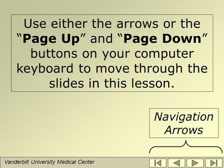 Vanderbilt University Medical Center Use either the arrows or the “Page Up” and “Page Down” buttons on your computer keyboard to move through the slides.