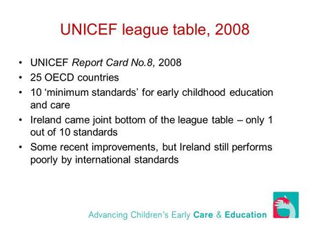 UNICEF league table, 2008 UNICEF Report Card No.8, 2008 25 OECD countries 10 ‘minimum standards’ for early childhood education and care Ireland came joint.