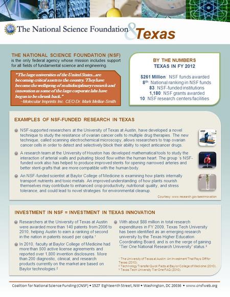 BY THE NUMBERS TEXAS IN FY 2012 $261 Million: NSF funds awarded 8 th : National ranking in NSF funds 83: NSF-funded institutions 1,180: NSF grants awarded.