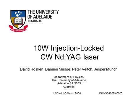 10W Injection-Locked CW Nd:YAG laser