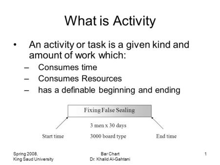 Spring 2008, King Saud University Bar Chart Dr. Khalid Al-Gahtani 1 What is Activity An activity or task is a given kind and amount of work which: –Consumes.