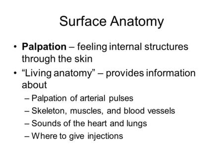 Surface Anatomy Palpation – feeling internal structures through the skin “Living anatomy” – provides information about Palpation of arterial pulses Skeleton,