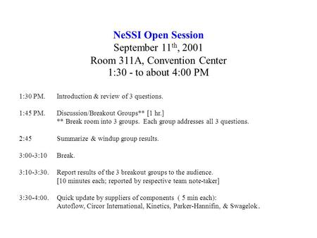 NeSSI Open Session September 11 th, 2001 Room 311A, Convention Center 1:30 - to about 4:00 PM 1:30 PM. Introduction & review of 3 questions. 1:45 PM. Discussion/Breakout.