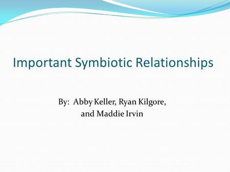 Important Symbiotic Relationships By: Abby Keller, Ryan Kilgore, and Maddie Irvin.