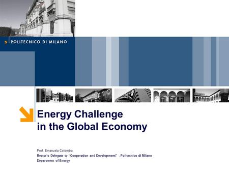 Energy Challenge in the Global Economy Prof. Emanuela Colombo, Rector’s Delegate to “Cooperation and Development” - Politecnico di Milano Department of.