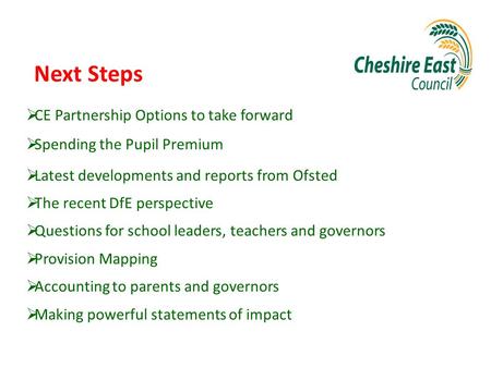 Next Steps  CE Partnership Options to take forward  Spending the Pupil Premium  Latest developments and reports from Ofsted  The recent DfE perspective.