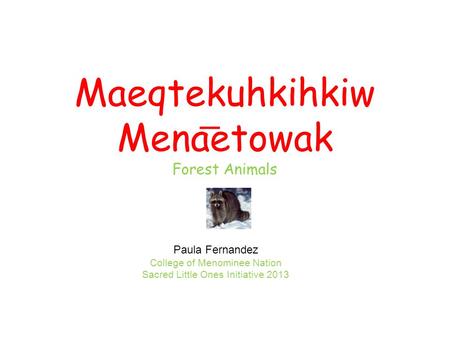 Maeqtekuhkihkiw Menaetowak Forest Animals Paula Fernandez College of Menominee Nation Sacred Little Ones Initiative 2013.