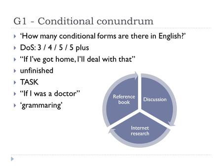 G1 - Conditional conundrum  ‘How many conditional forms are there in English?’  DoS: 3 / 4 / 5 / 5 plus  “If I’ve got home, I’ll deal with that”  unfinished.
