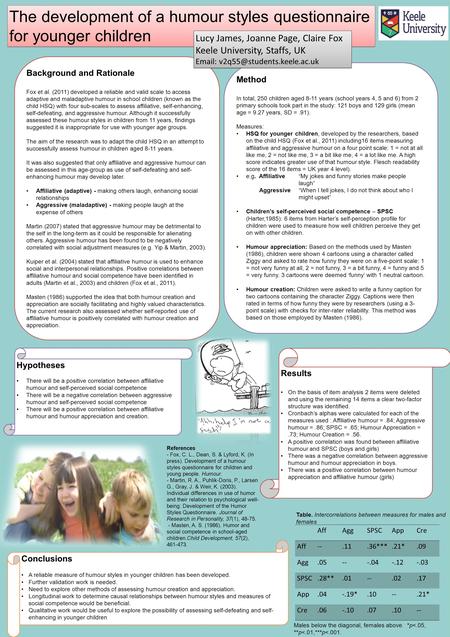 The development of a humour styles questionnaire for younger children Background and Rationale Fox et al. (2011) developed a reliable and valid scale to.