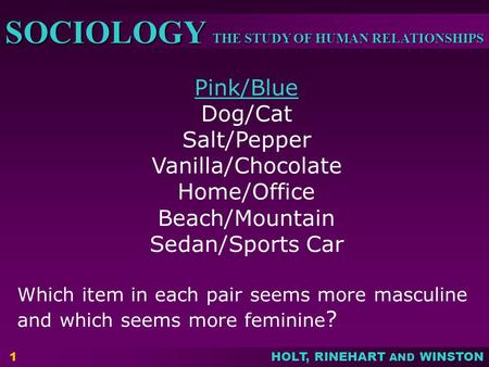 THE STUDY OF HUMAN RELATIONSHIPS SOCIOLOGY HOLT, RINEHART AND WINSTON 1 Pink/Blue Dog/Cat Salt/Pepper Vanilla/Chocolate Home/Office Beach/Mountain Sedan/Sports.