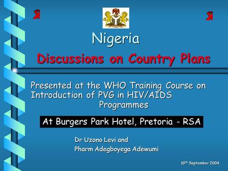 Nigeria Dr Uzono Levi and Pharm Adegboyega Adewumi 10 th September 2004 Discussions on Country Plans Presented at the WHO Training Course on Introduction.