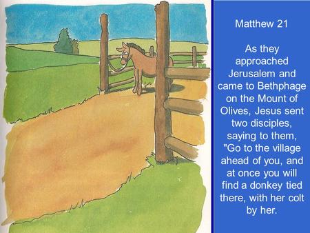 Matthew 21 As they approached Jerusalem and came to Bethphage on the Mount of Olives, Jesus sent two disciples, saying to them, Go to the village ahead.