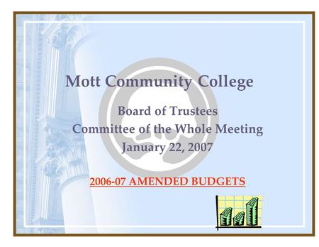 Mott Community College Board of Trustees Committee of the Whole Meeting January 22, 2007 2006-07 AMENDED BUDGETS.