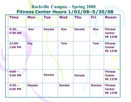 Fitness Center Hours 1/02/08–5/30/08 Rockville Campus – Spring 2008 TimeMonTueWedThuFriRoom: 6:30- 7:30 AM DonDonata DonDonata DonFitness Center PE 137B.
